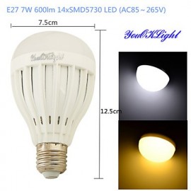 1PCS E27 7W 14*SMD5730 600LM White/ Warm White Light LED Energy saving High quality Globe Bulbs (AC85~265V)