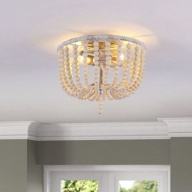 Farmhouse Wood Beaded Flush Mount Celling Light 3-Light Fixture