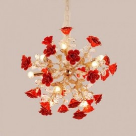 Luxury Pendant Light Ceramic Red Flower Chandeliers