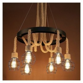 Retro Style 6 Heads Pendant Light Hemp Rope Chandelier With Iron Lampshade